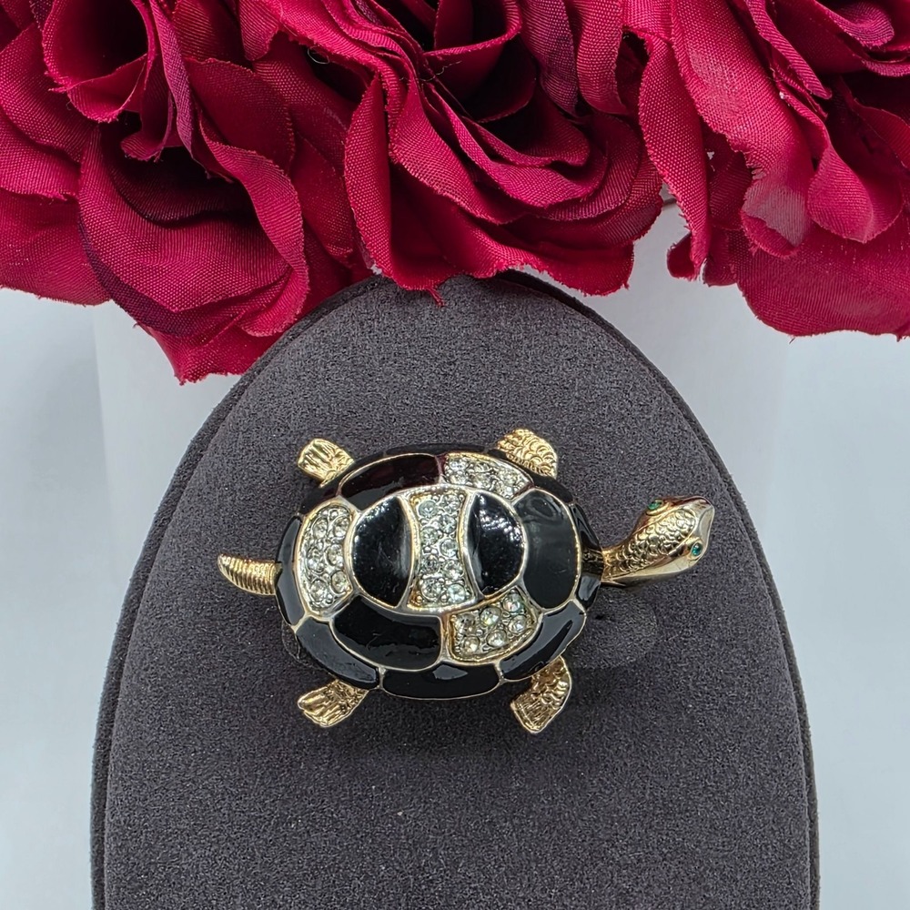 Vintage CRAFT Turtle Brooch Rhinestone Enamel Gold‎ Tone Black Detailed Dazzle